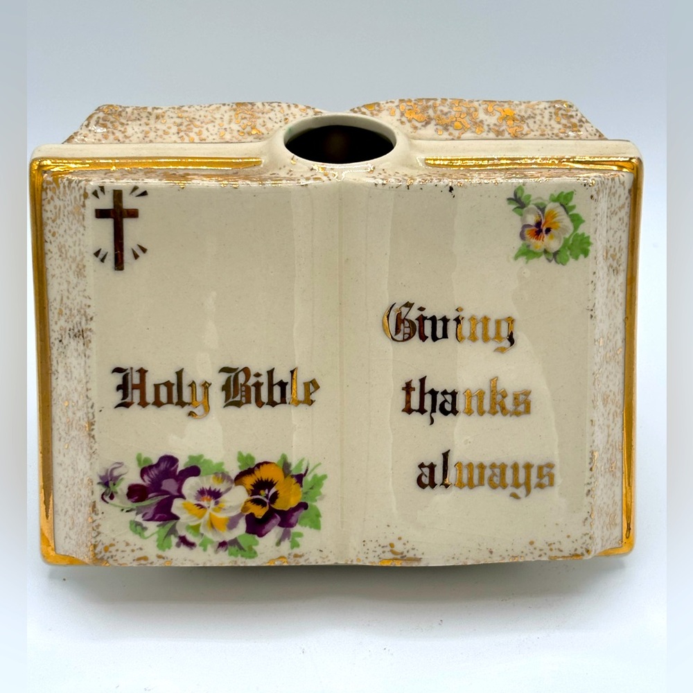 Hazlett 1962 Holy Bible Vase Religious Ceramic Gold Pansies Giving Thanks
